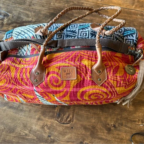 Will Leather Goods Orange/Red and Blue Kantha Travel Bag - Picture 1 of 6
